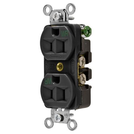 HUBBELL WIRING DEVICE-KELLEMS Straight Blade Devices, Weather Resistant Receptacles, Duplex, Commercial/Industrial Grade, 2-Pole 3-Wire Grounding, 15A 125V, 5-15R, Black 5262BKWR